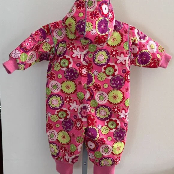 Hanna Andersson Floral Hooded Snowsuit Winter Toddler Girls 80 18 24M 2T Pink - Picture 2 of 14